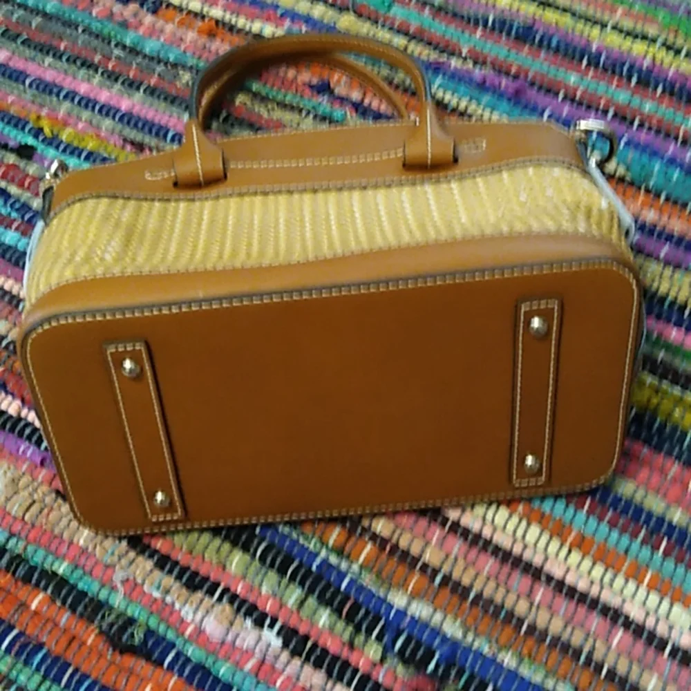 NWT Dooney and Bourke Beacon Woven Domed Satchel Embossed Leather Natural Brown
